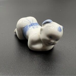 Vintage Miniature Chinese Blue & White Porcelain Figurine of a Baby, 2 3/8” L